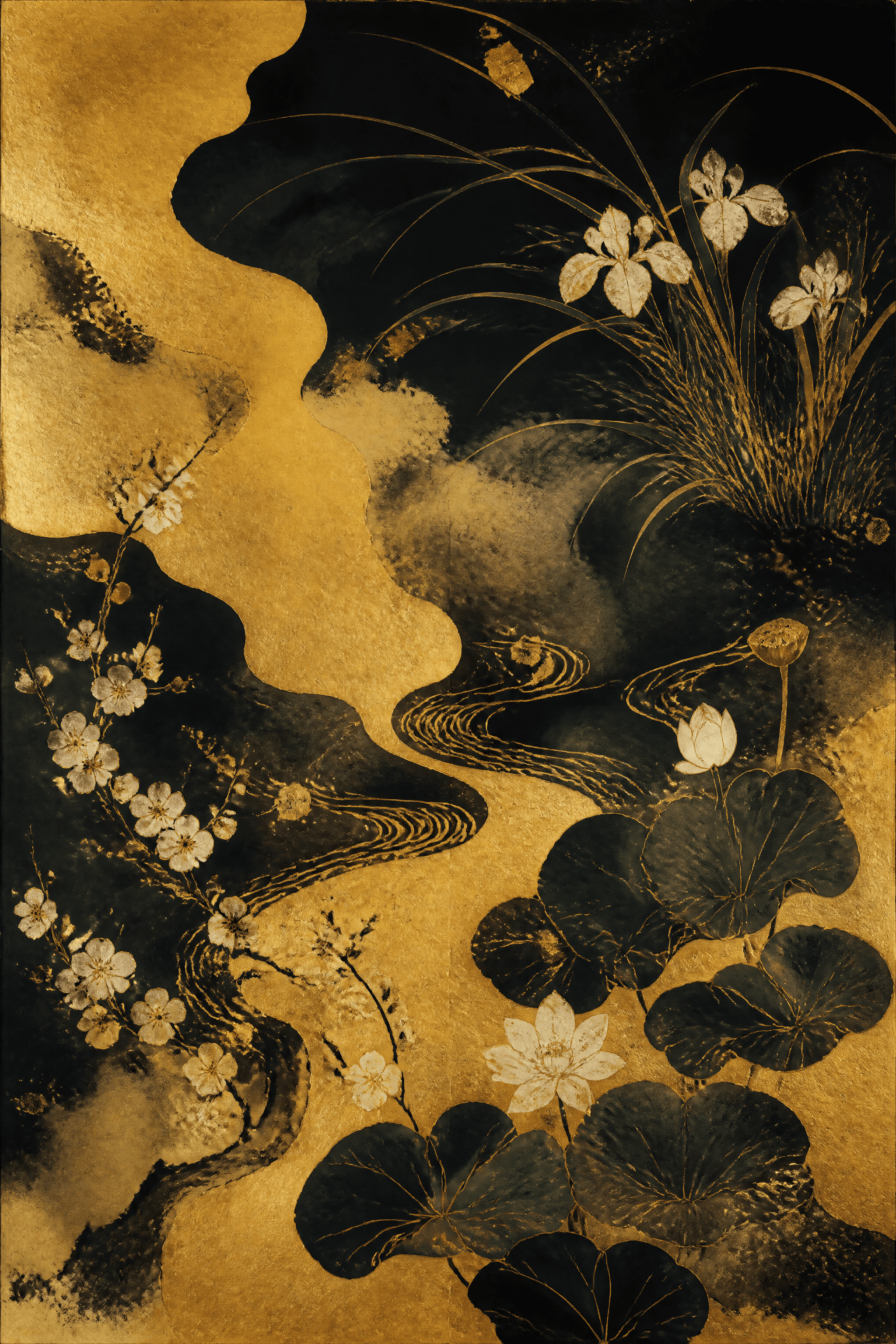 Affiche Rimpa Doré — abstraction encre et feuille d'or japonaise