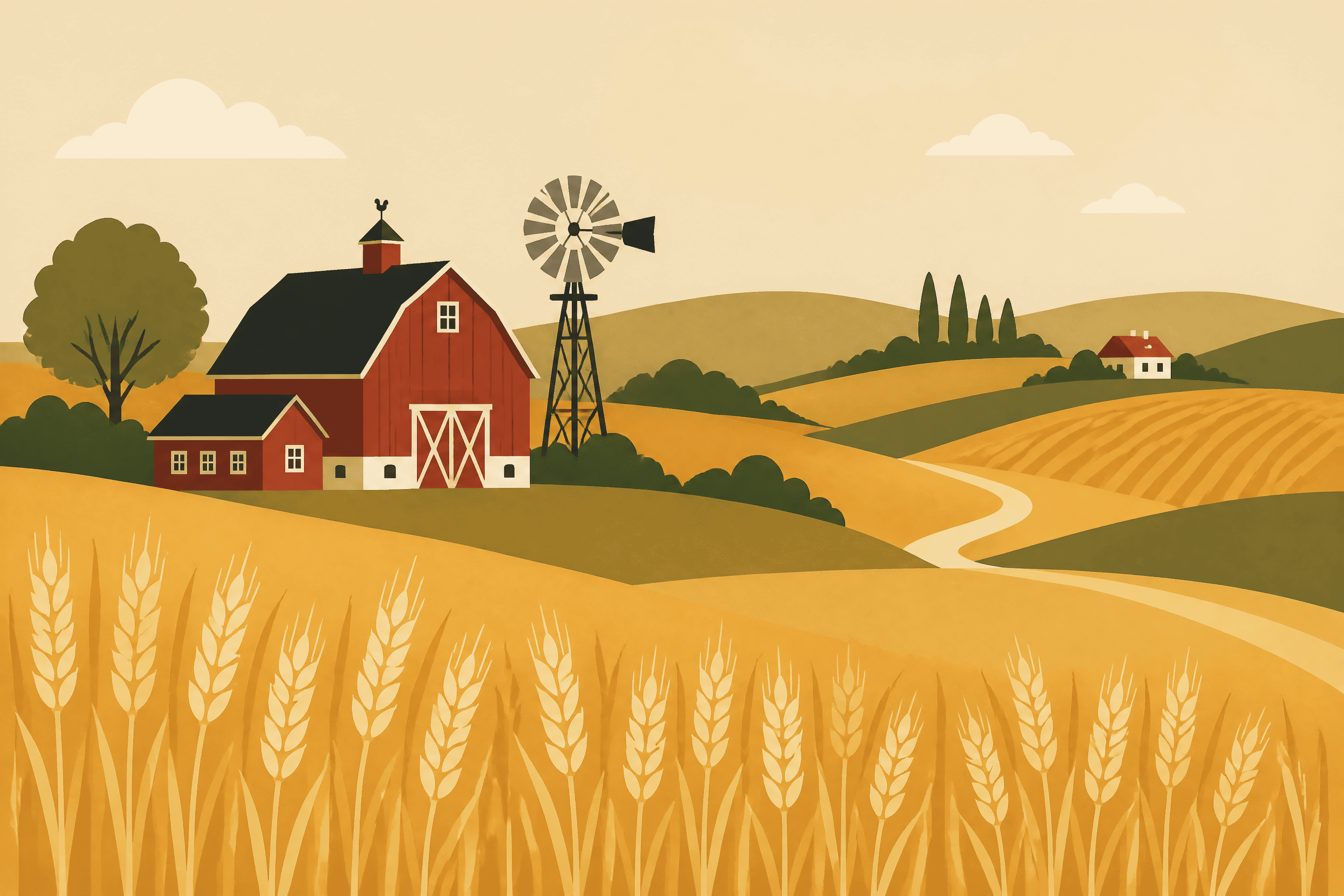 Affiche Campagne Danoise — grange rouge et moulin à blé doré
