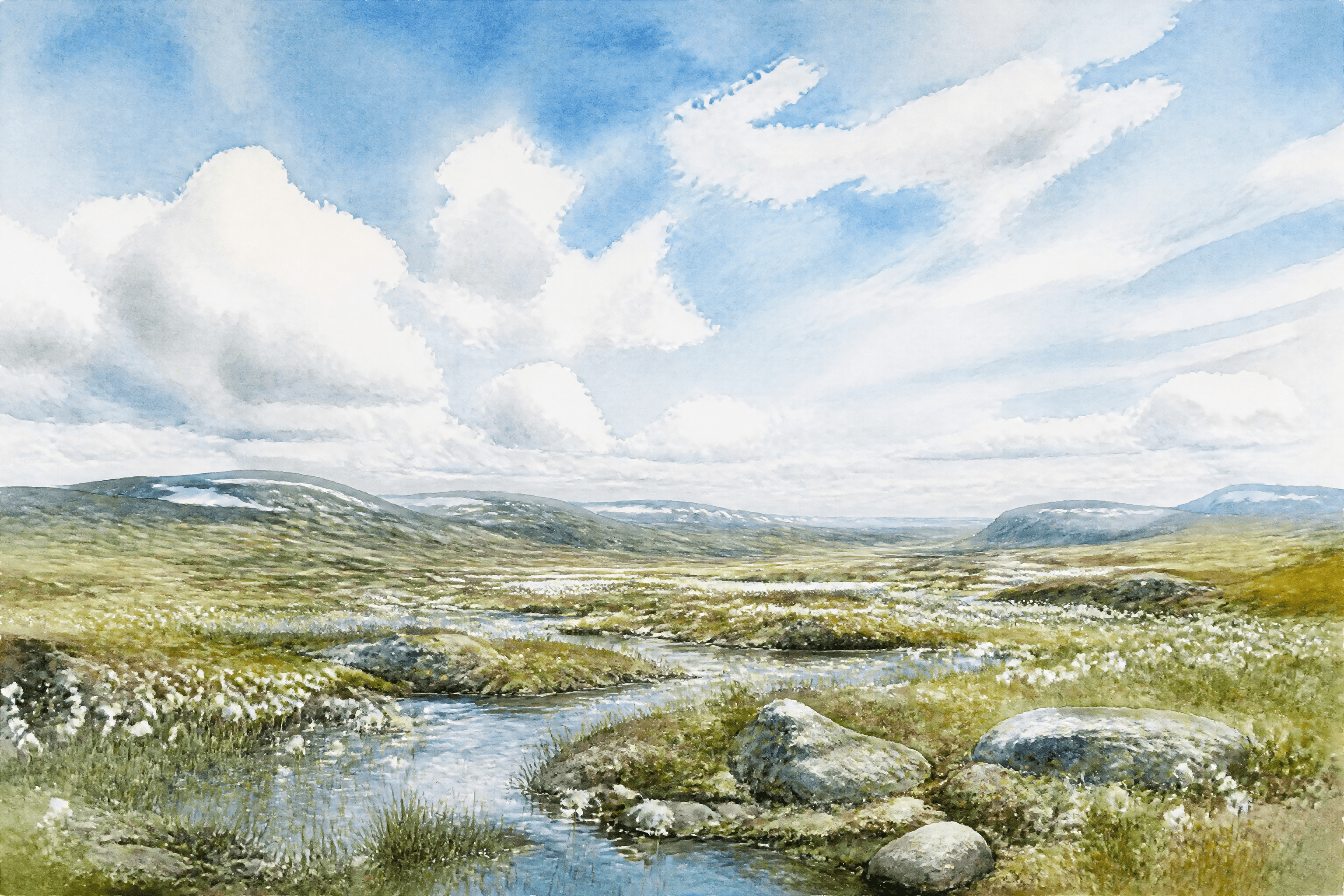 Affiche Vidda Norvégienne — plateau de toundra été aquarelle