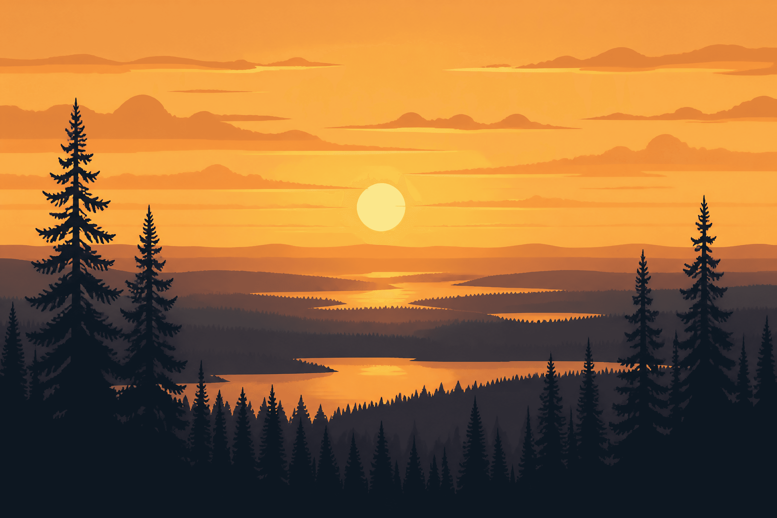 Affiche Soleil de Minuit Suédois — forêt de conifères orange et or