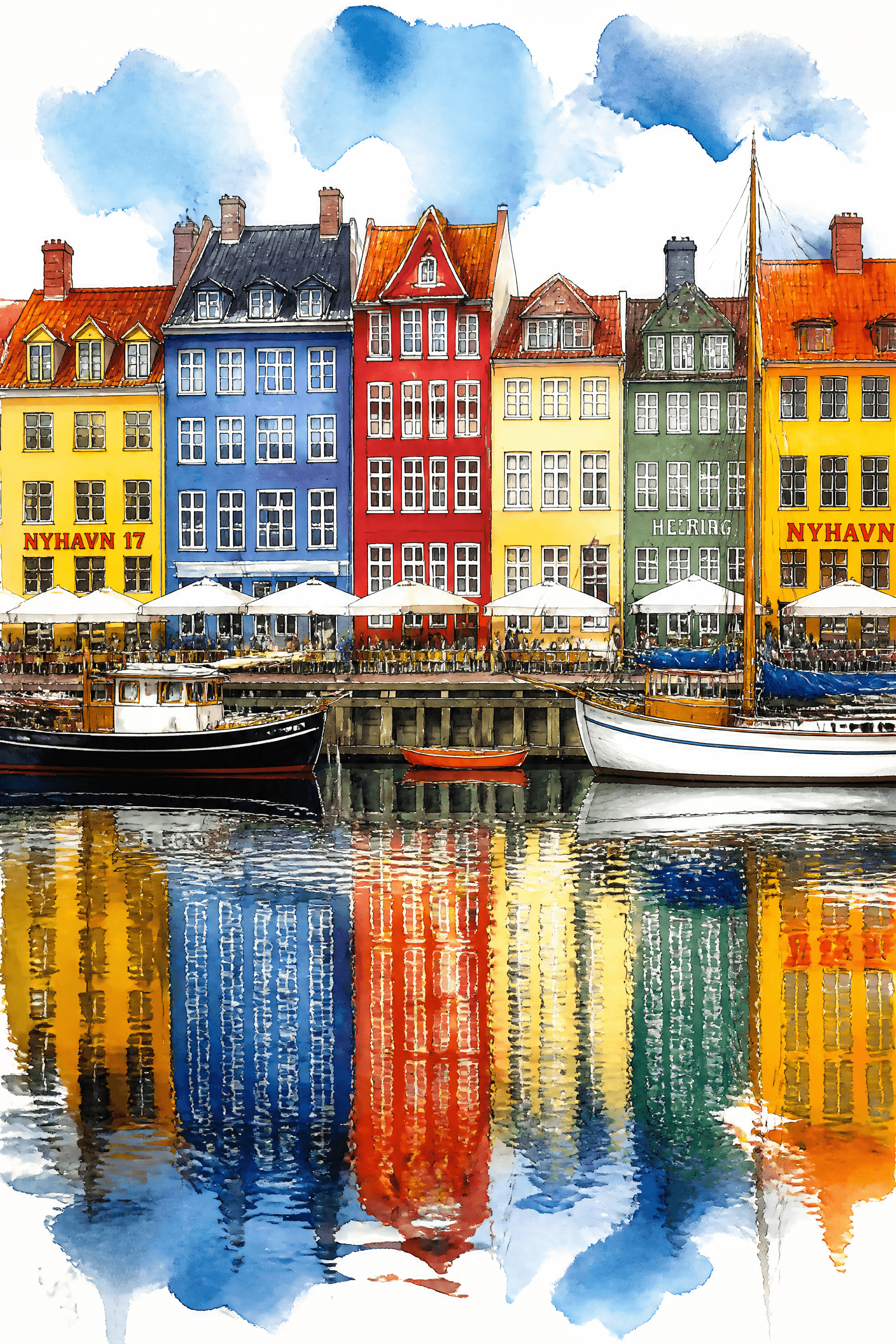 Affiche Nyhavn Copenhague — maisons colorées reflet canal aquarelle
