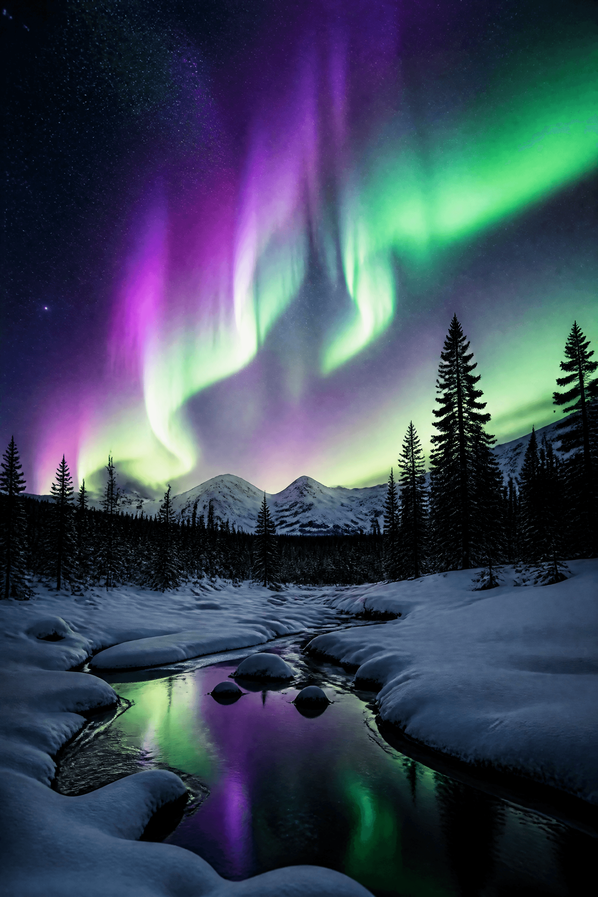 Affiche Aurore Boréale Norvège — vert et violet sur forêt enneigée