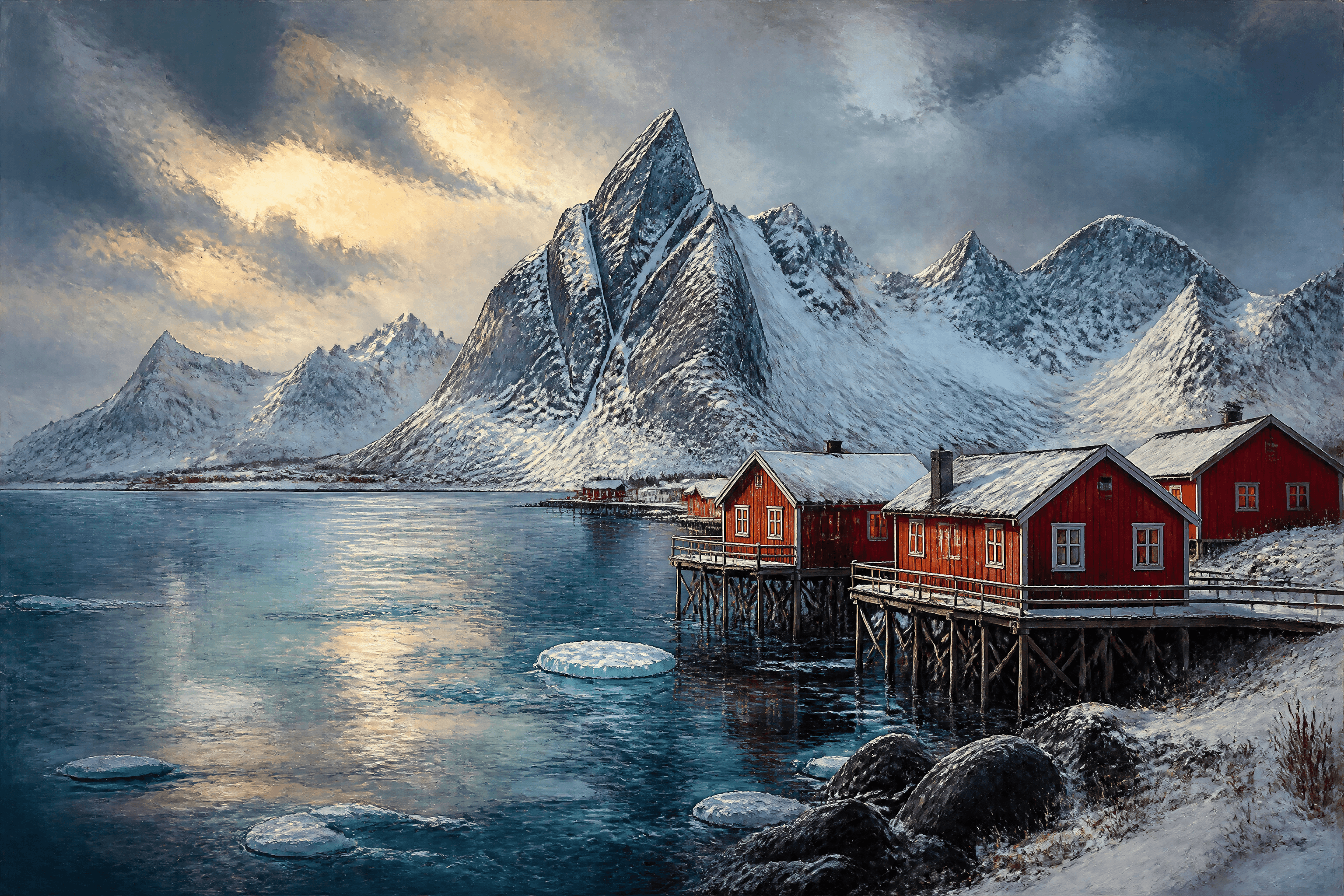 Affiche Îles Lofoten — cabanes rouges sur fjord glacé en hiver