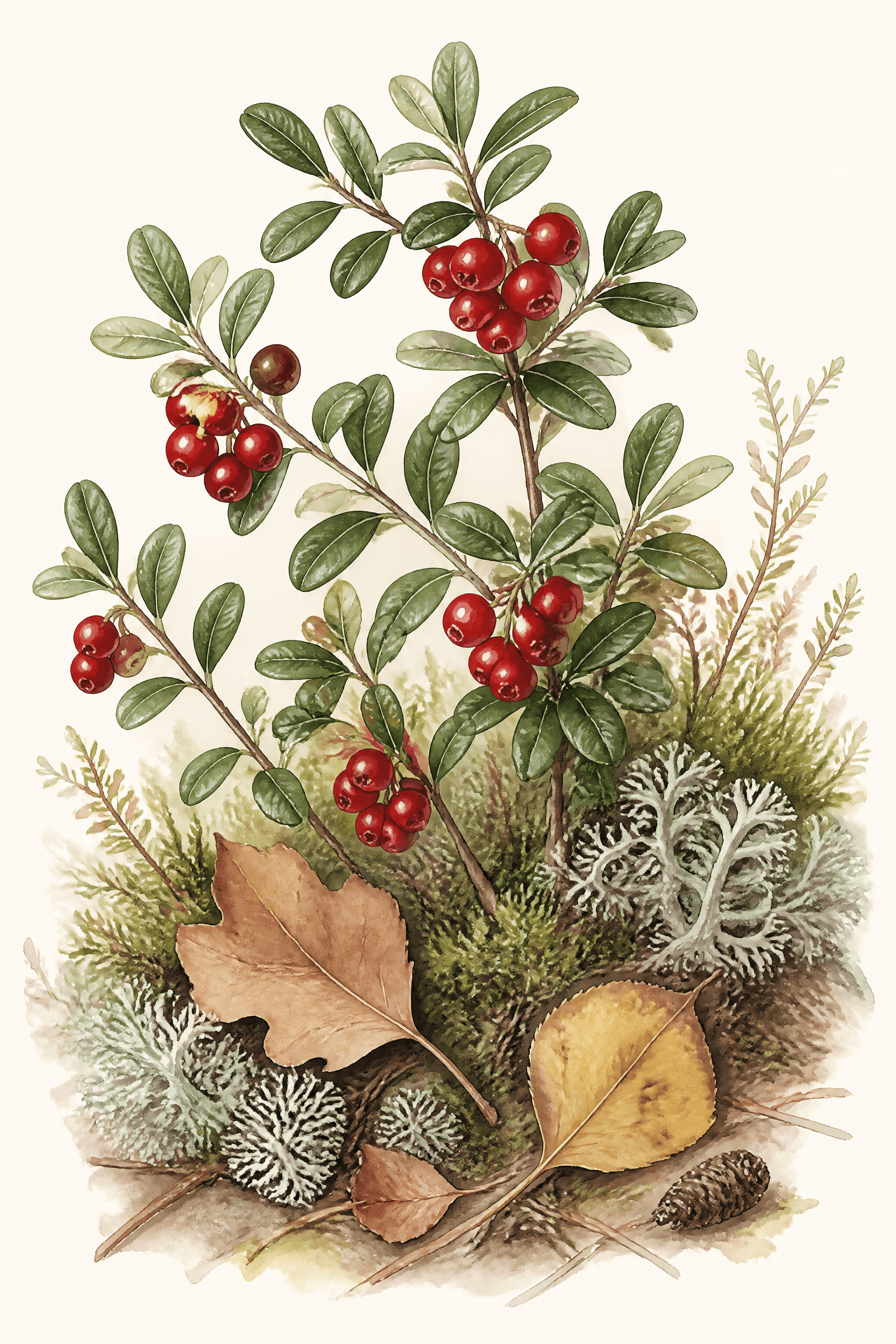 Affiche Airelle Rouge — branche botanique forêt nordique