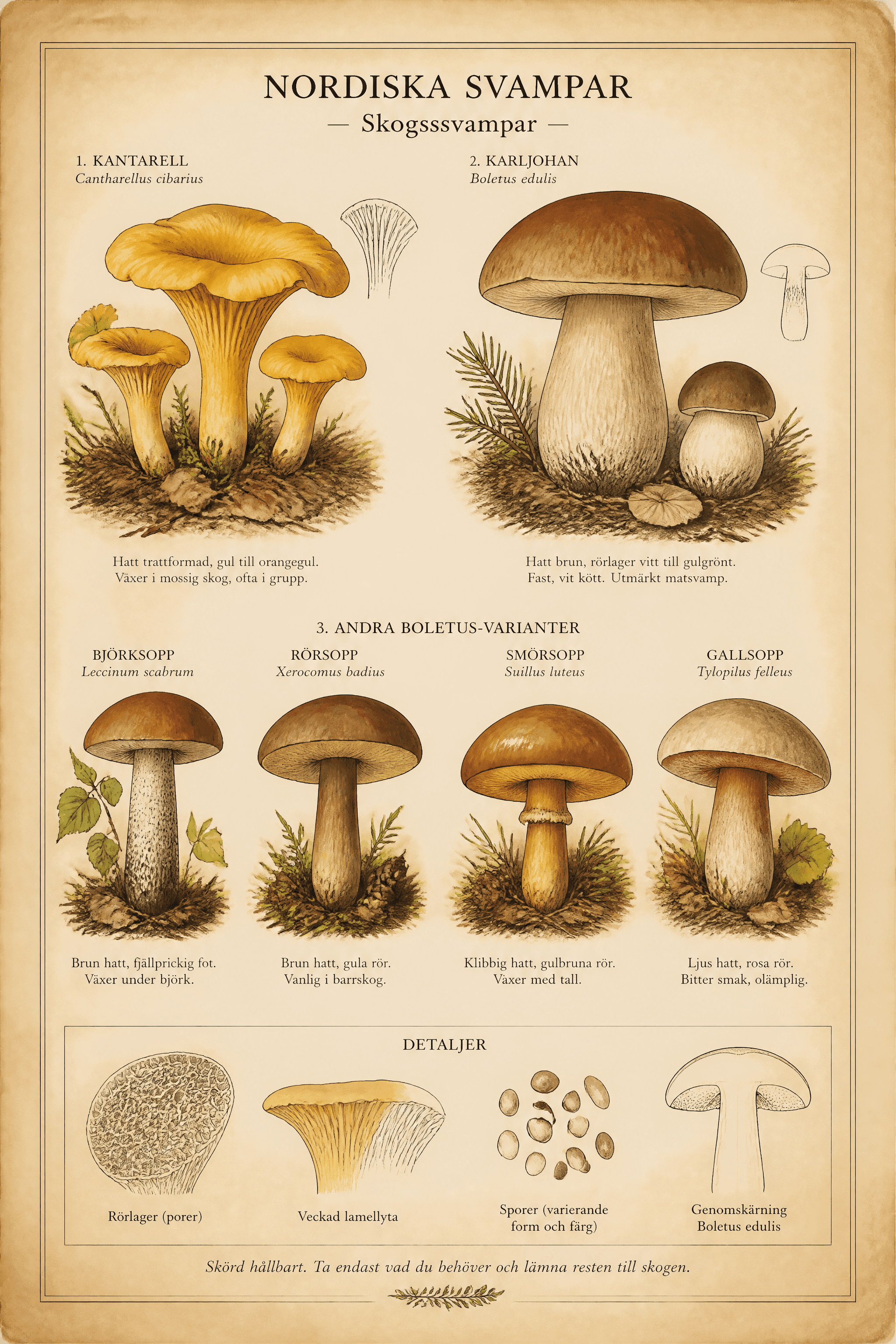 Affiche Planche de Champignons Nordiques — naturaliste vintage automne