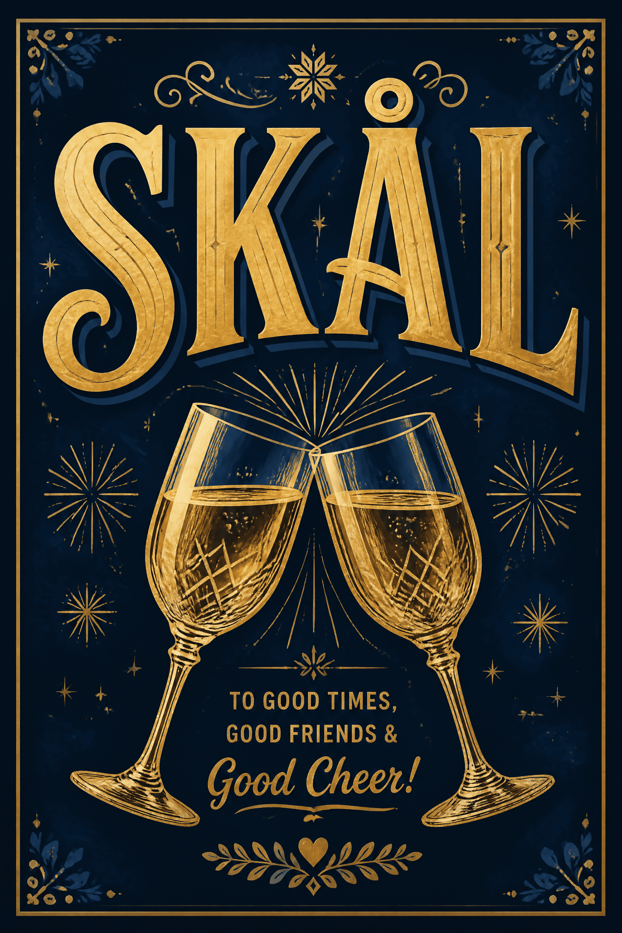 Affiche SKÅL — le toast scandinave typographie festive or et marine
