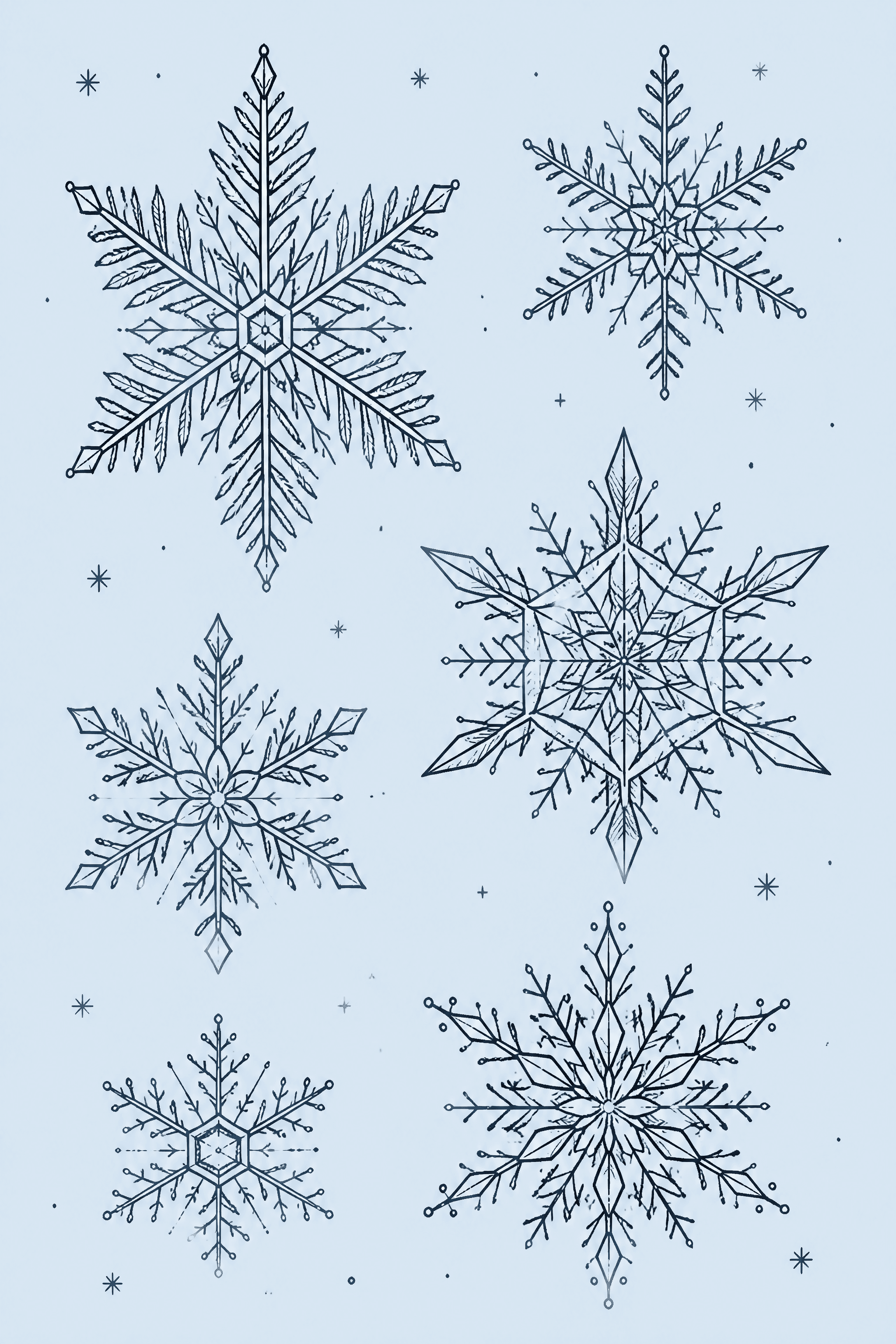 Affiche Flocons de Neige — six motifs géométriques encre détaillée