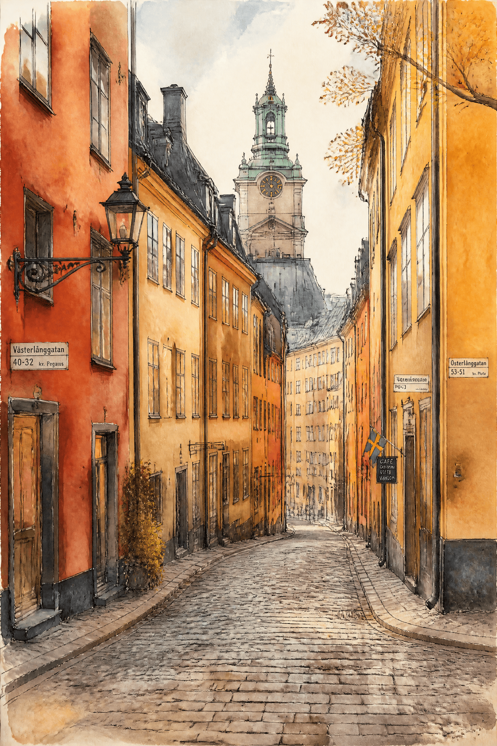 Affiche Gamla Stan Stockholm — ruelles colorées aquarelle architecturale