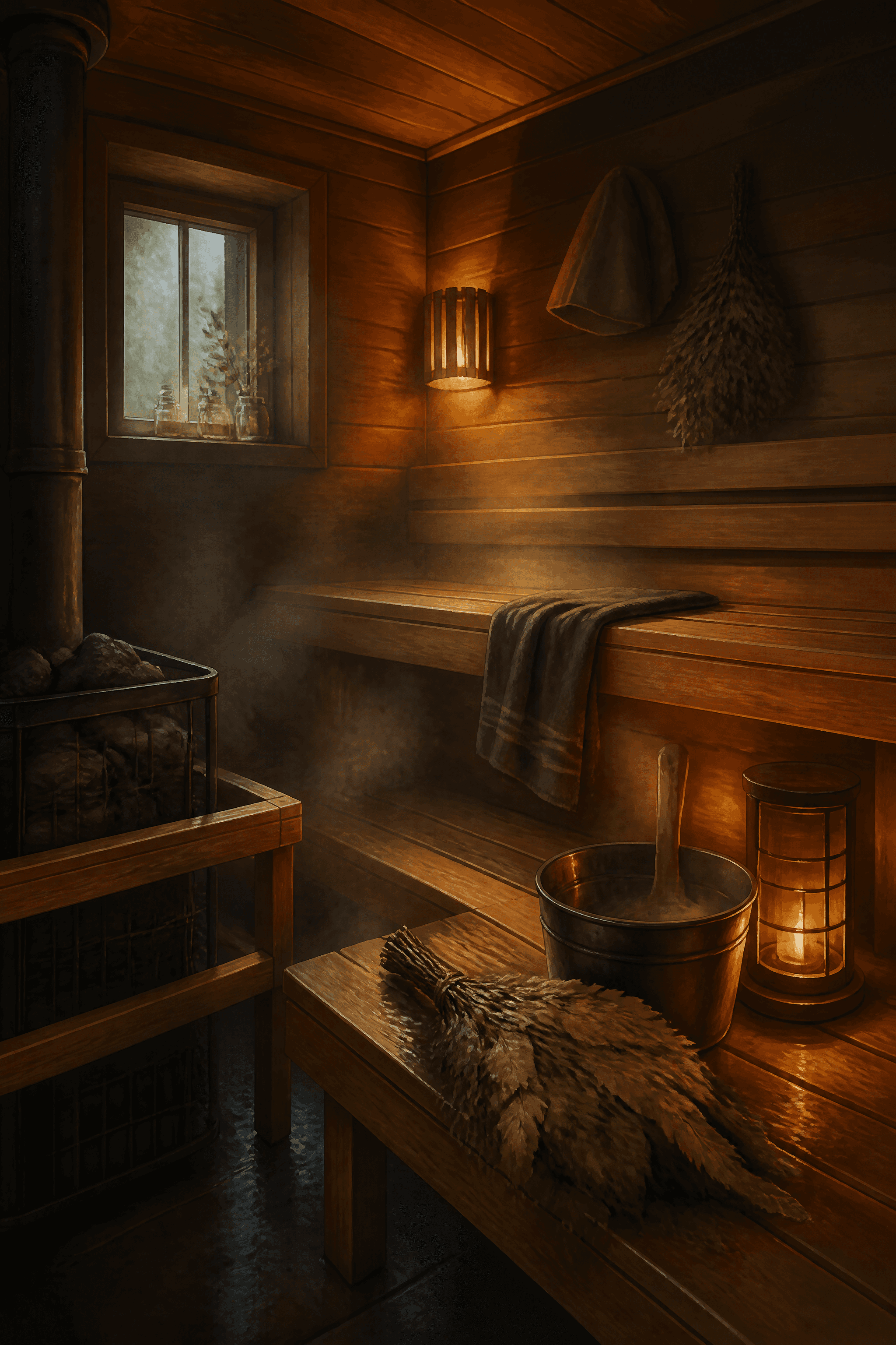 Affiche Sauna Finlandais — intérieur bouleau vapeur et ambre