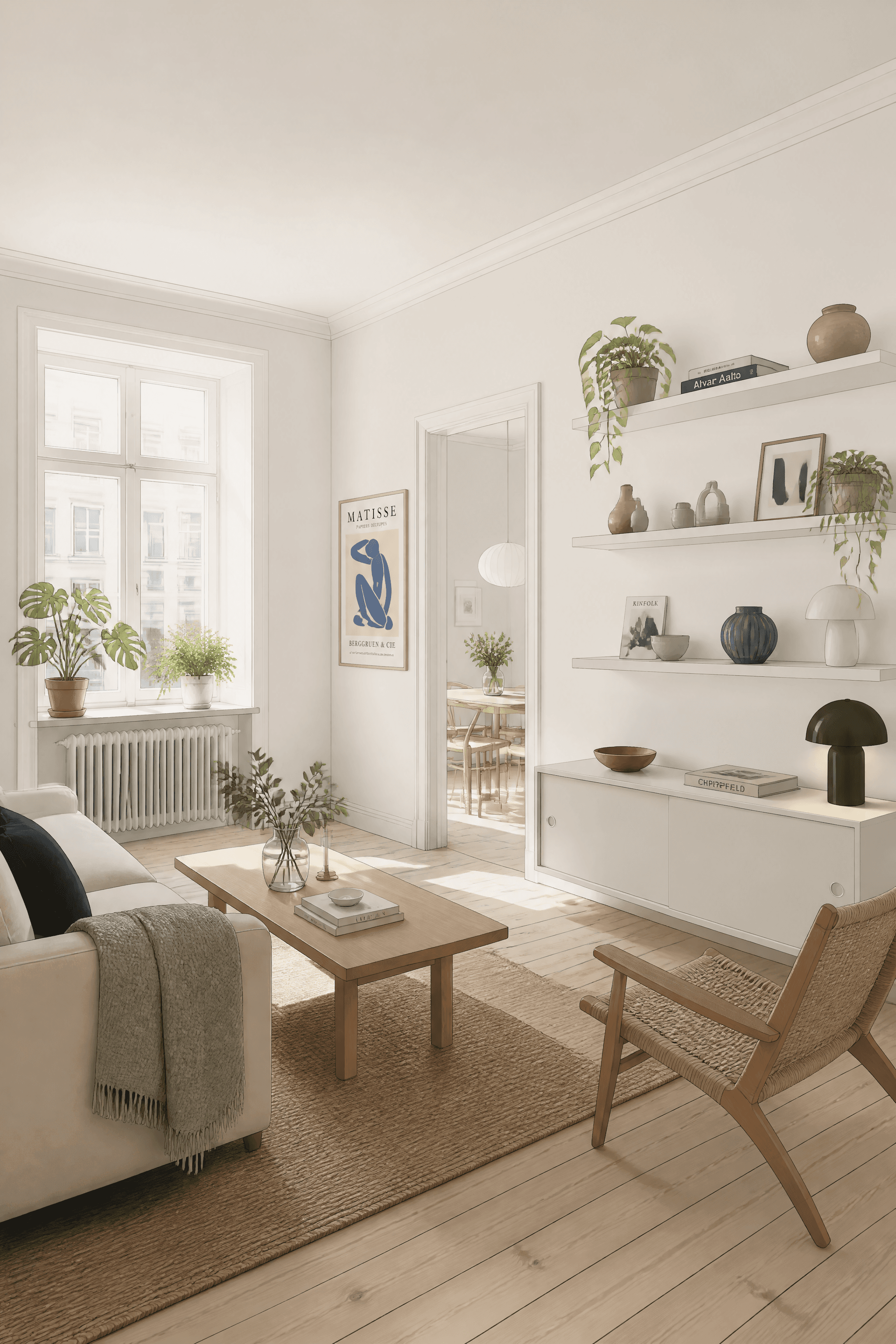 Affiche Intérieur Scandinave Contemporain — appartement blanc lumière naturelle