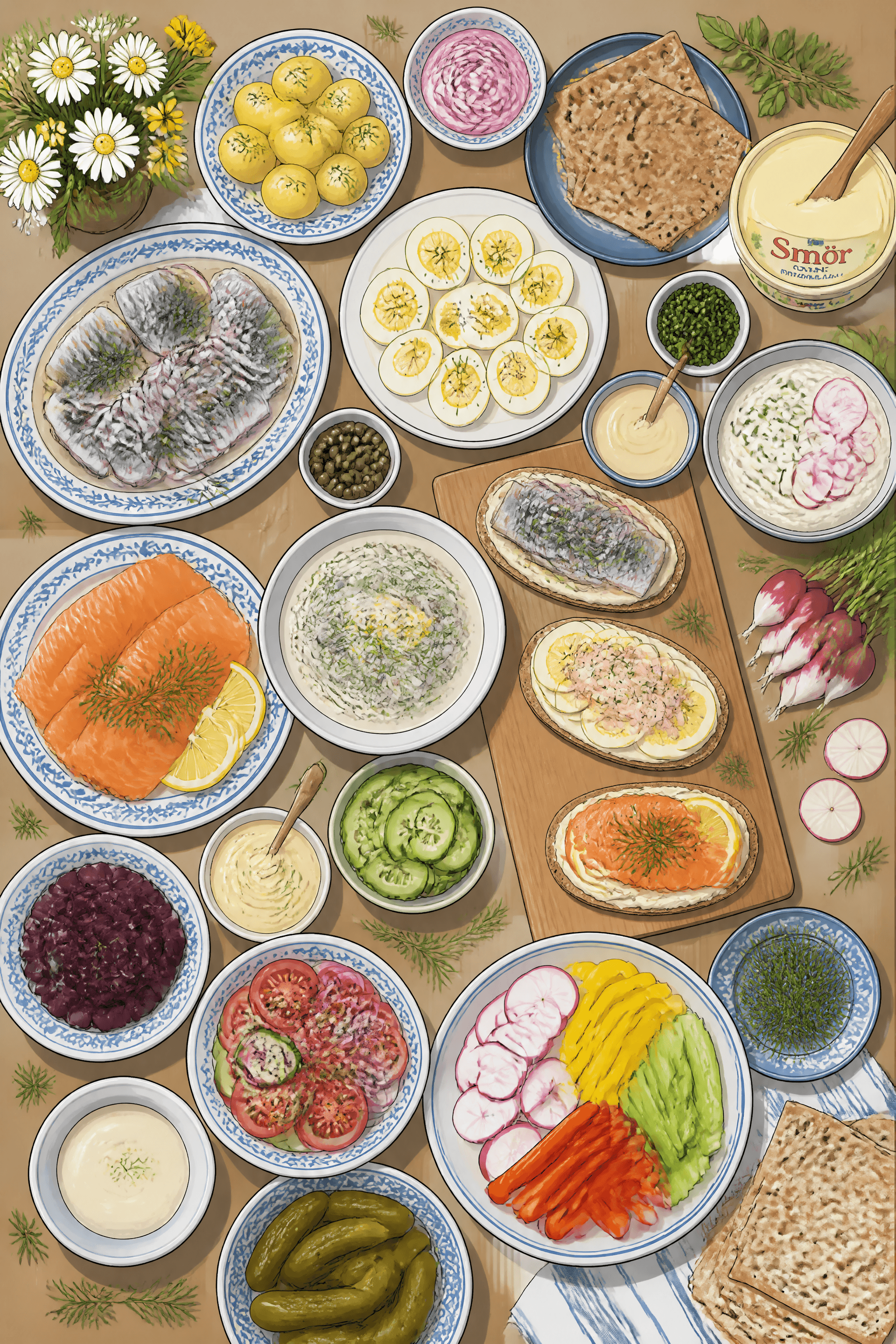 Affiche Smörgåsbord — buffet suédois vue aérienne festive