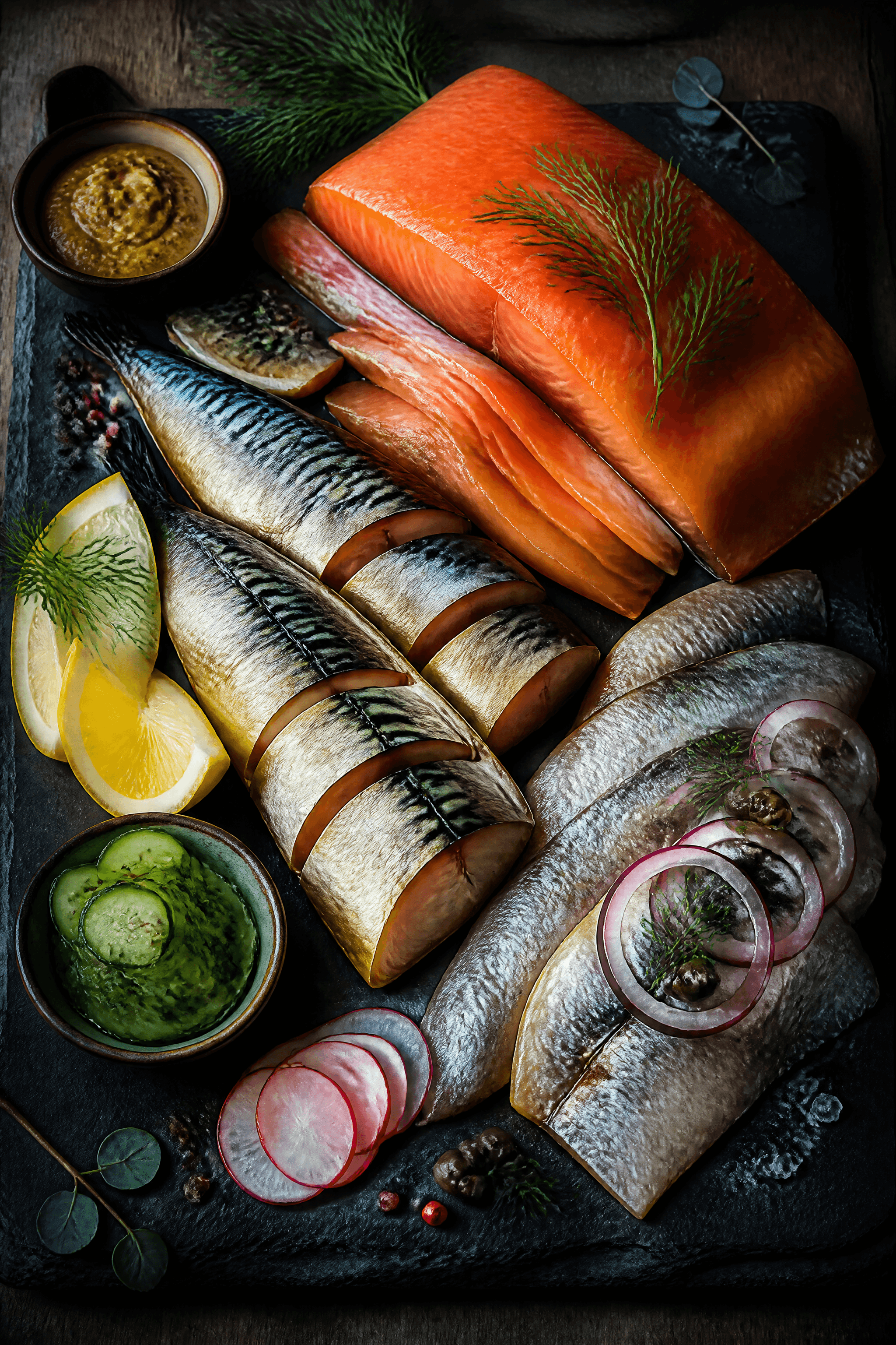 Affiche Poissons Fumés Nordiques — sélection sur ardoise style pictural