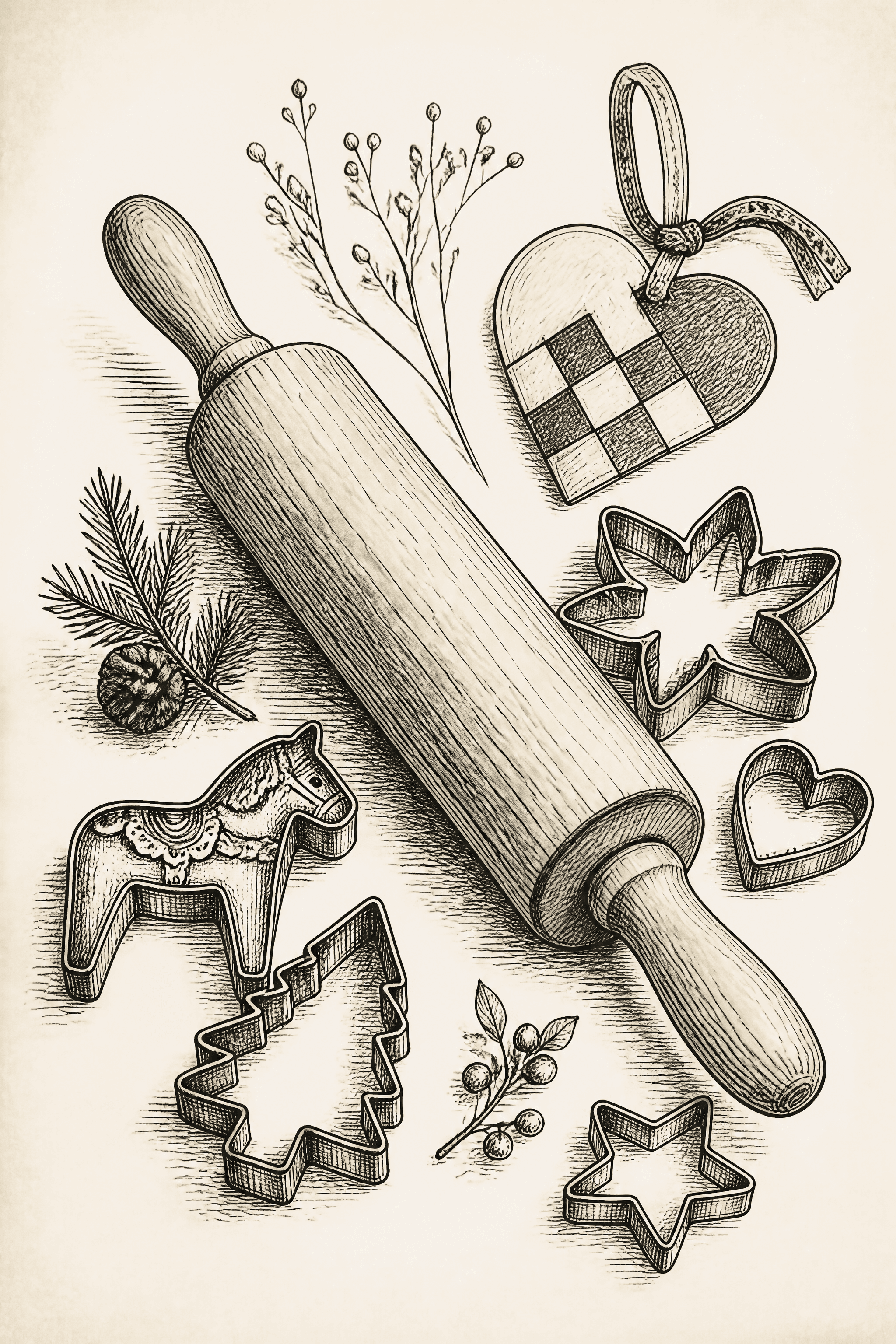 Affiche Rouleau et Emporte-Pièces — outils pâtisserie nordique vintage