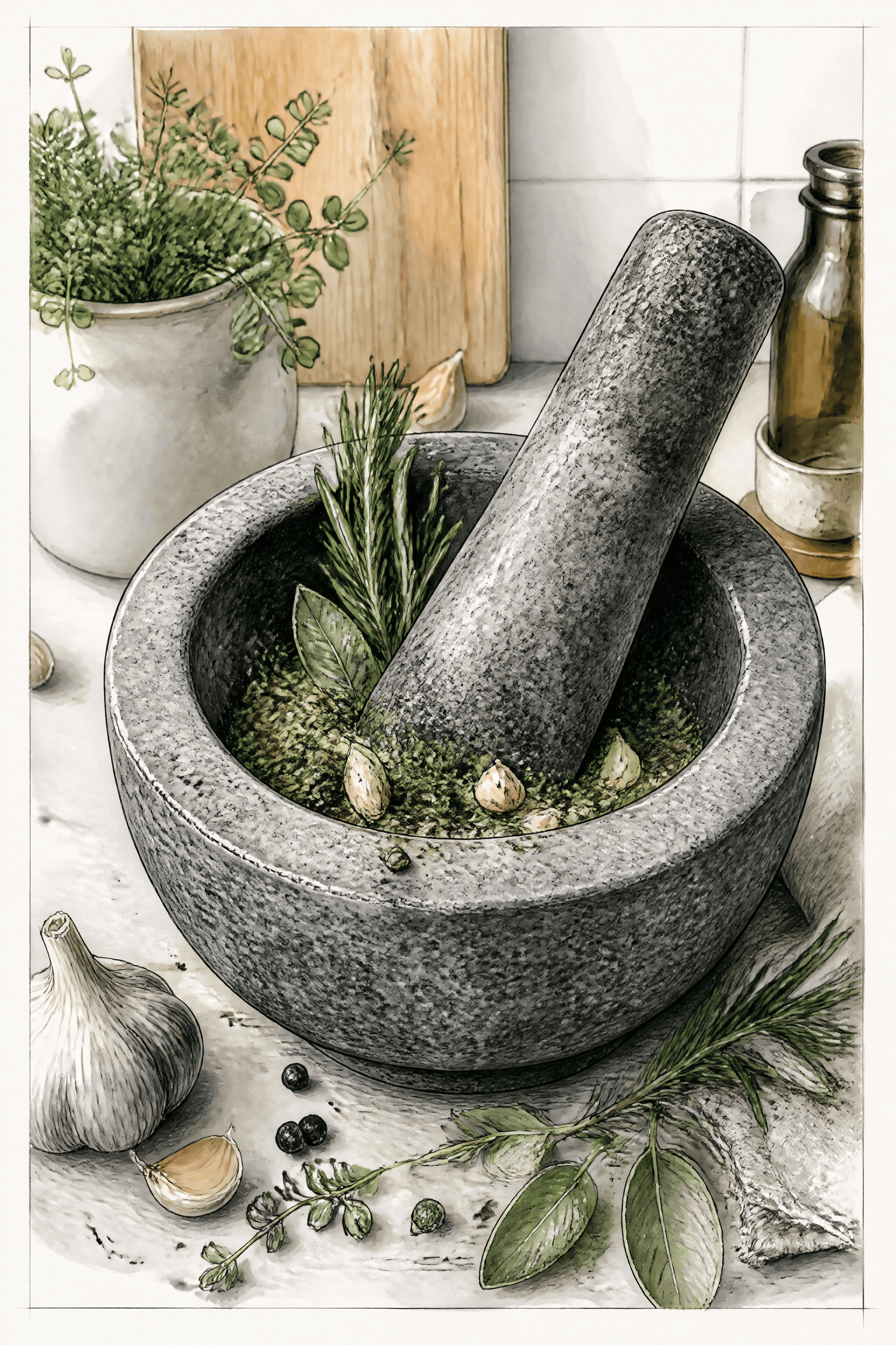 Affiche Mortier et Pilon — aromates de cuisine nordique