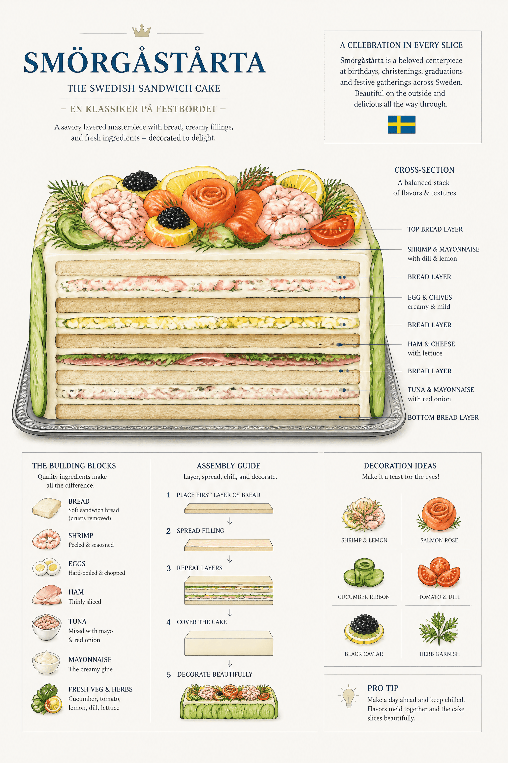 Affiche Smörgåstårta — coupe architecturale du gâteau sandwich suédois