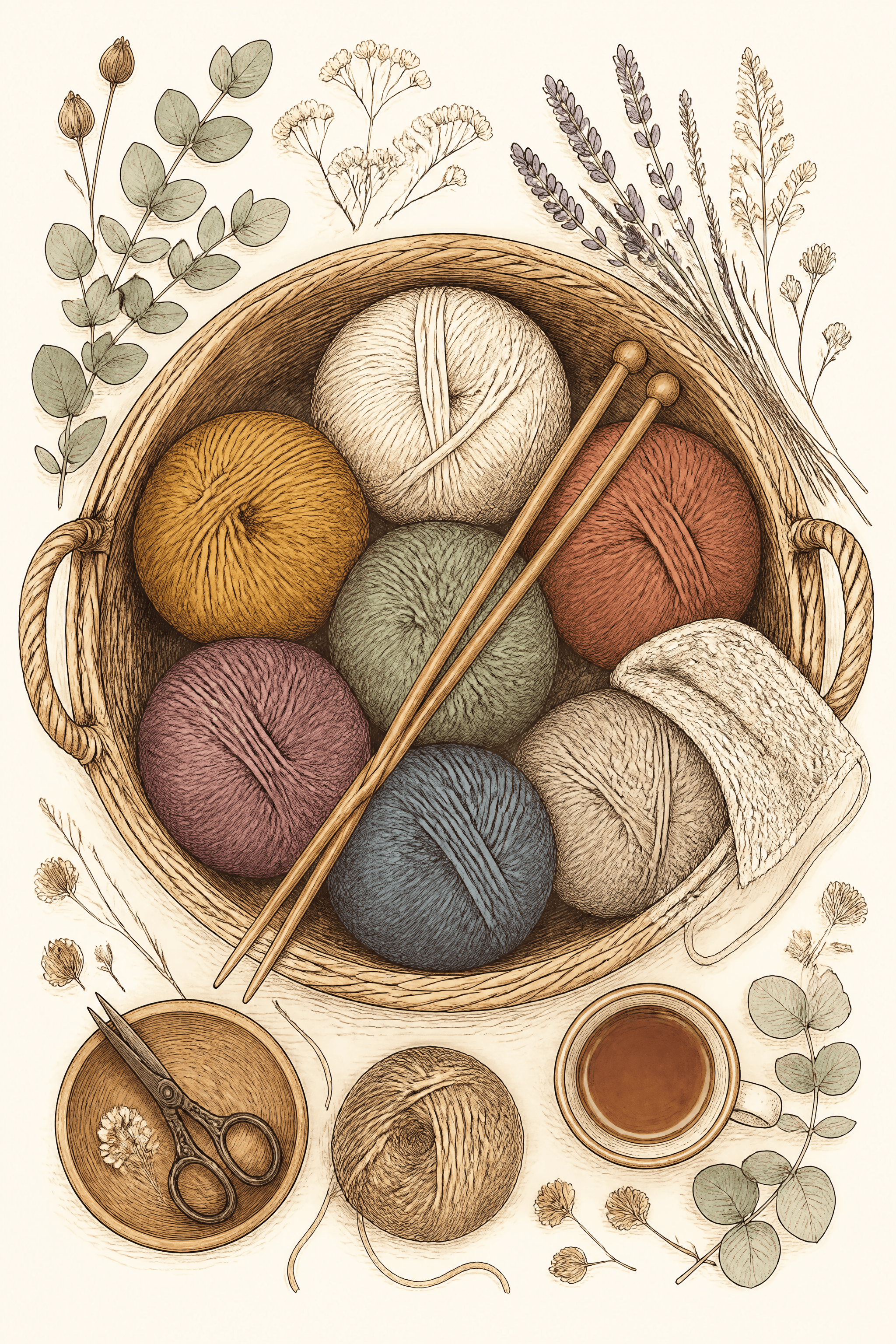 Affiche Panier de Tricot — pelotes et aiguilles vues de dessus