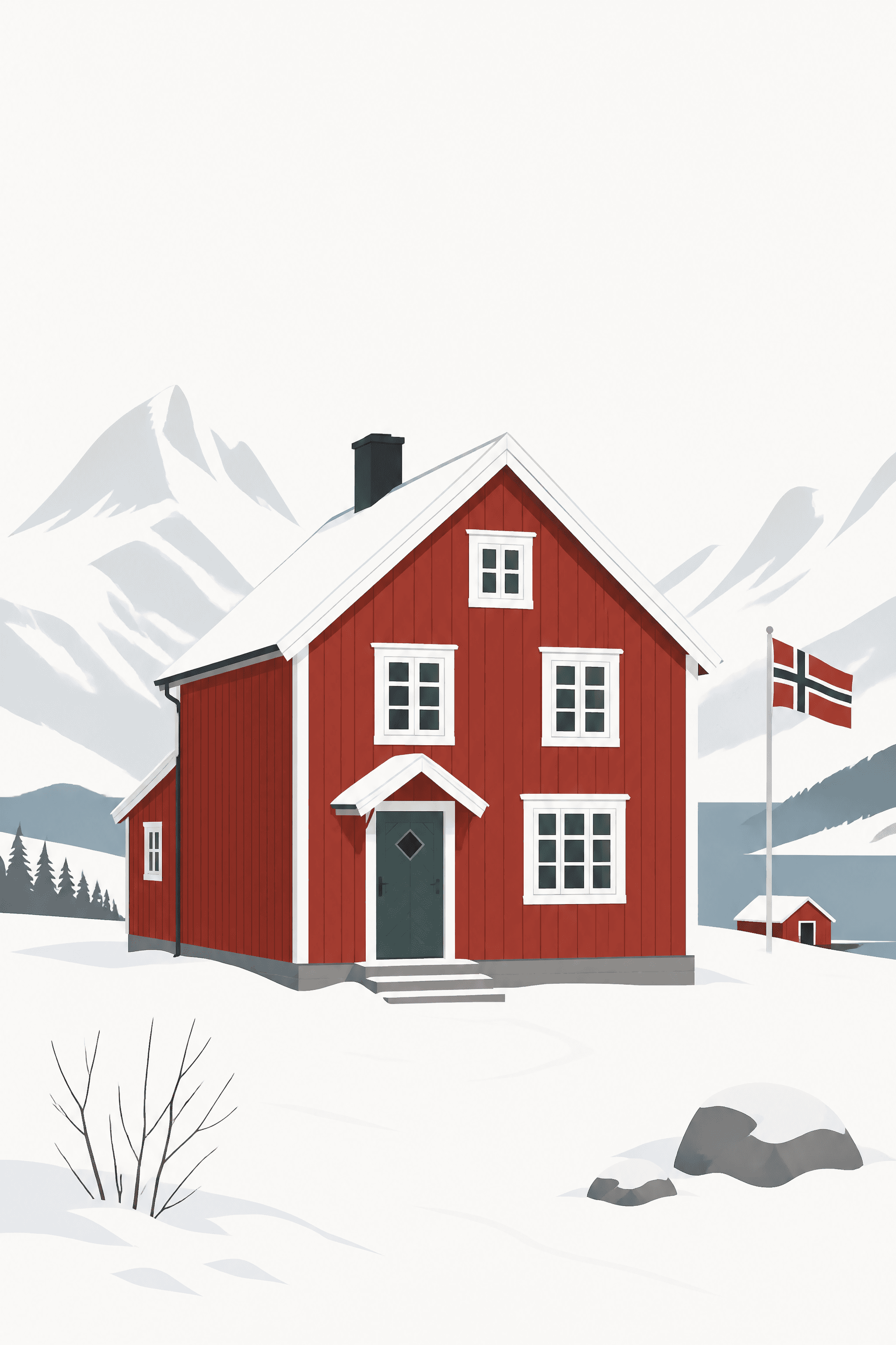 Affiche Maison Norvégienne Rouge — architecture bois hiver minimal