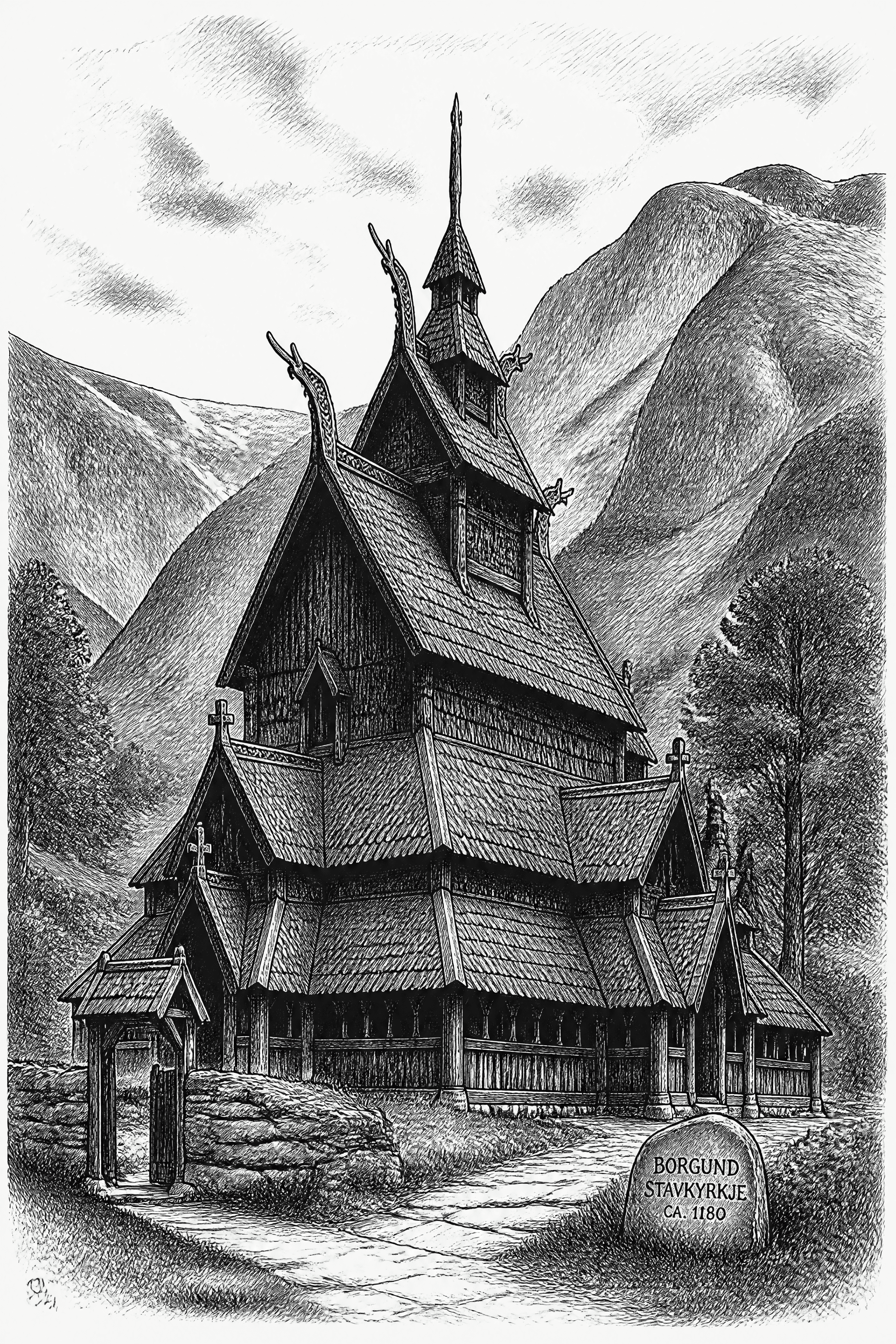 Affiche Stavkirke de Borgund — encre architecture médiévale norvégienne